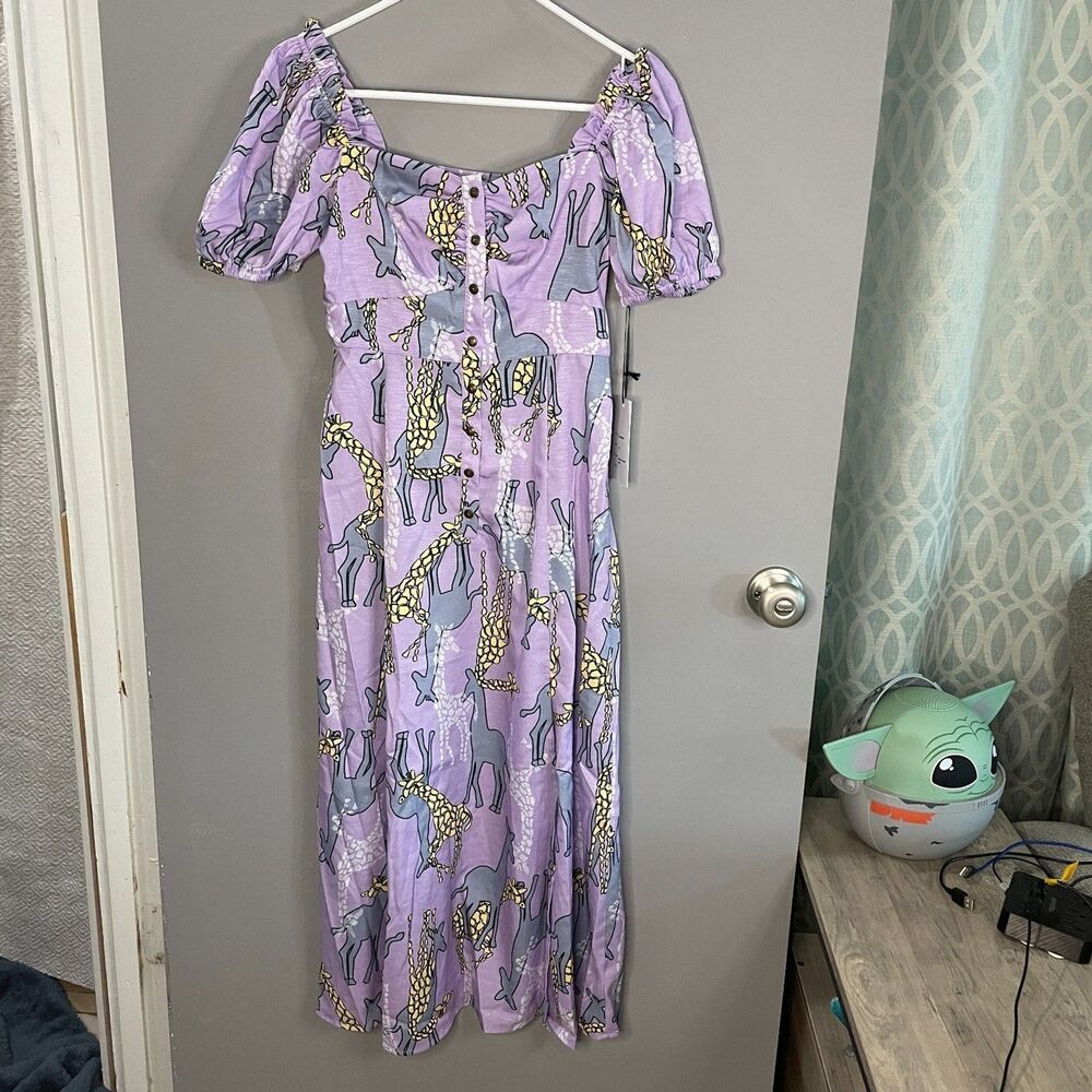 Unique Vintage Womens S Purple Wild Hearts Run Free Giraffe AOP Midi Dress NWT